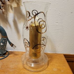 Vtg Pier 1 Imports 2 Piece Candle Holder Clear Glass Gold Accents & Wax Candle